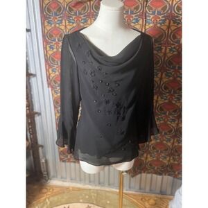 Studio I Embellished Blouse Sheer Bell Sleeve Party Top Black S